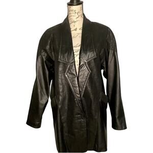 Vintage Black Oversized Leather Jacket Suede Animal Print Contrast Size Small